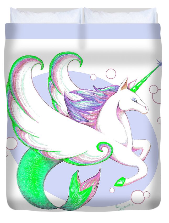 Unicorn Duvet Cover featuring the drawing Unicorn of the Sea II by Sipporah Art and Illustration