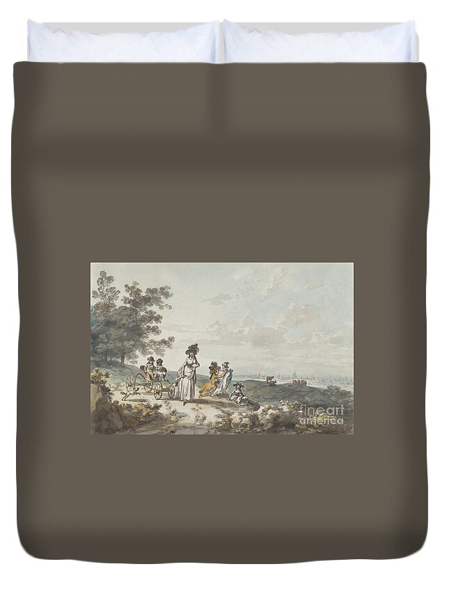 Heath Duvet Cover featuring the painting View of London with St Pauls in the Distance Woman and Children with a Baby Carriage by Julius Caesar Ibbetson