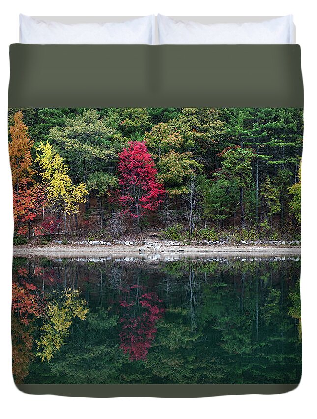 Walden Duvet Cover featuring the photograph Walden Pond Fall Foliage Concord MA Reflection Trees #1 by Toby McGuire