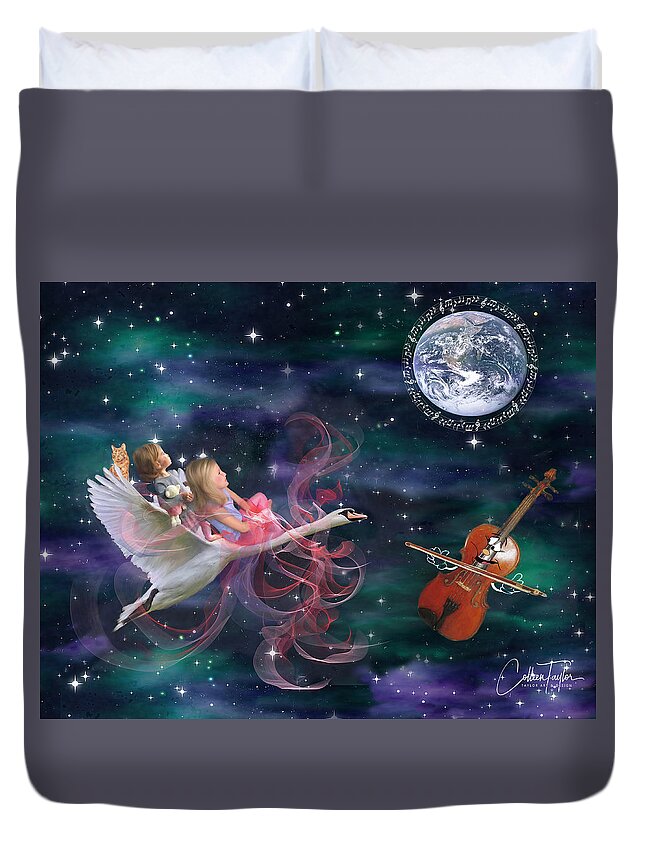 Children's Paintings Duvet Cover featuring the mixed media We're Off on a Journey by Colleen Taylor