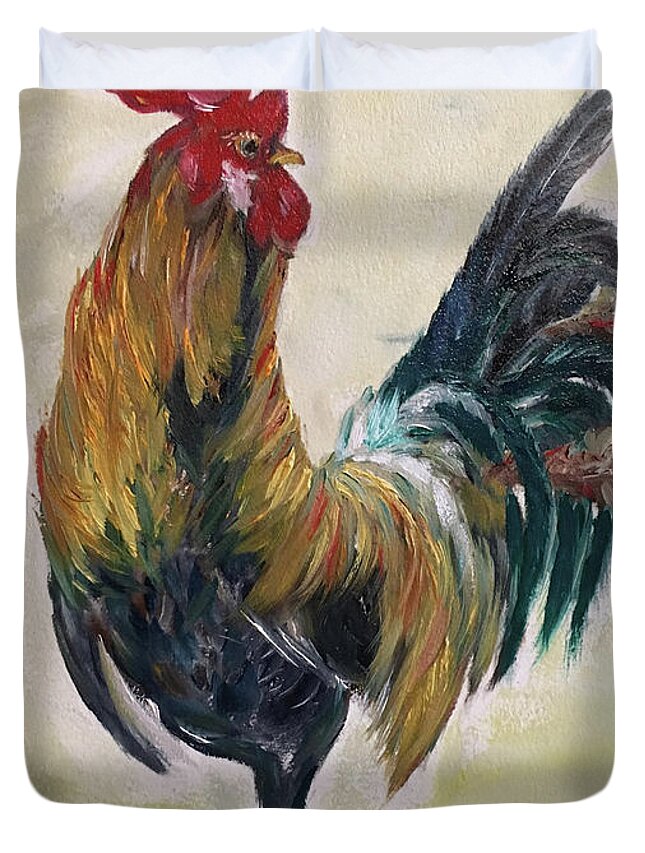 Rooster Duvet Cover featuring the painting Who you calling Chicken by Roxy Rich