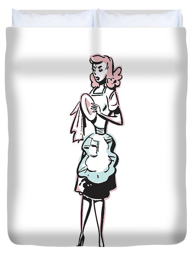 Adult Duvet Cover featuring the drawing Woman in Apron Drying a Plate with a Dish Towel #1 by CSA Images