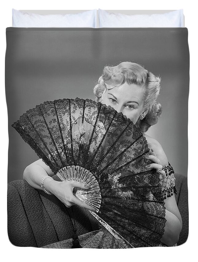 Three Quarter Length Duvet Cover featuring the photograph Young Woman Holding Fan, Portrait #1 by George Marks