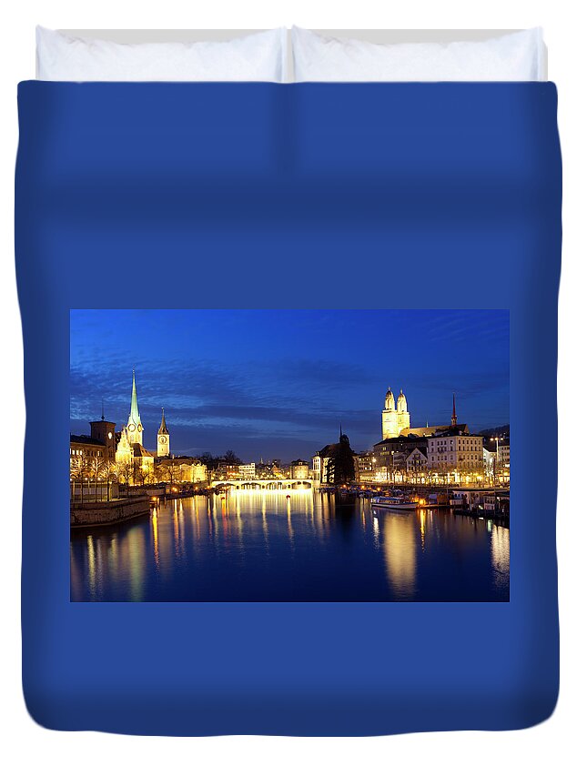 Zurich Duvet Cover featuring the photograph Zurich At Night #1 by Querbeet