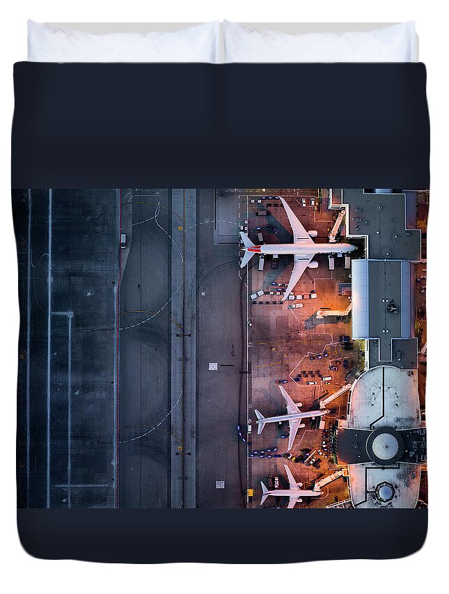 Airport Terminal Duvet Cover featuring the photograph Airliners At Gates And Control Tower #11 by Michael H