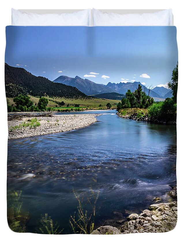 River Duvet Cover featuring the photograph Yellowstone River At Sunrise Near Yellowstone Park #12 by Alex Grichenko