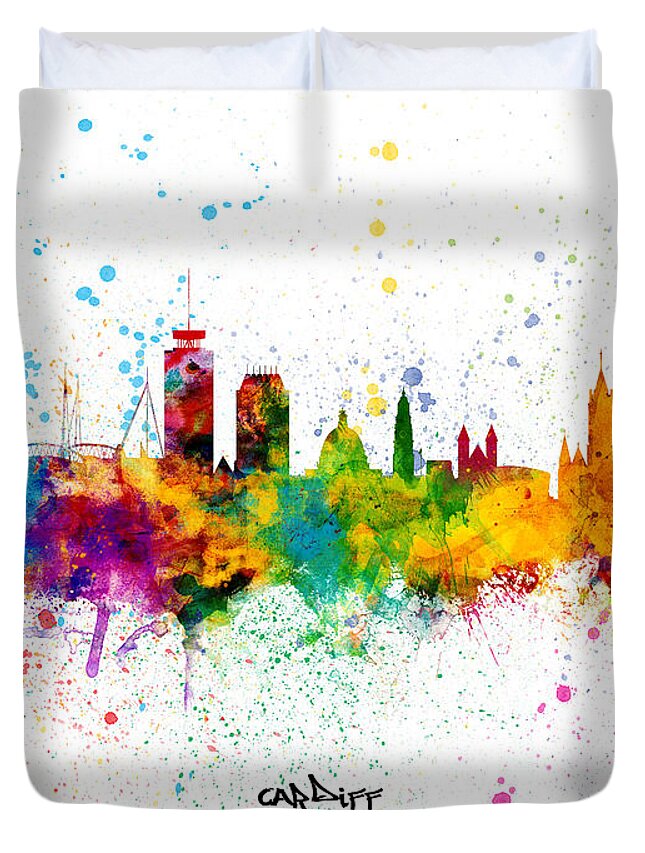 Cardiff Duvet Cover featuring the digital art Cardiff Wales Skyline by Michael Tompsett