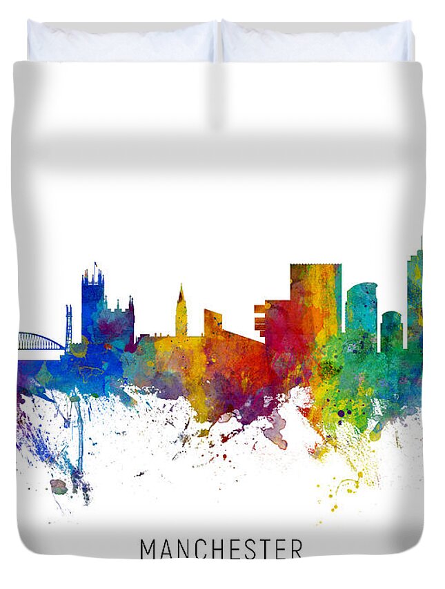 Manchester Duvet Cover featuring the digital art Manchester England Skyline by Michael Tompsett