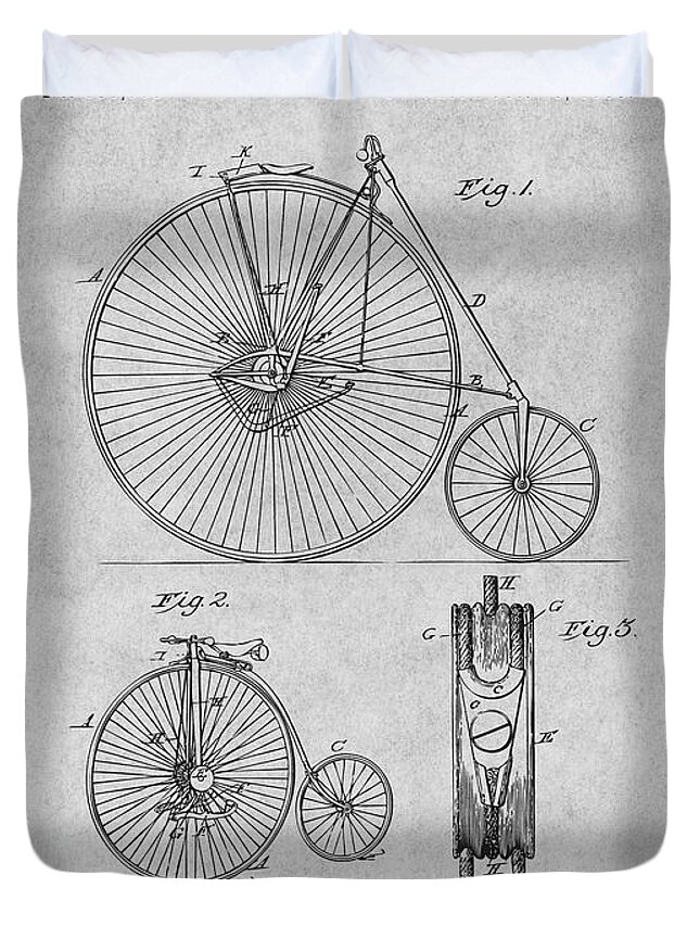 1886 W. G. Rich Velocipede Bicycle Patent Print Duvet Cover featuring the drawing 1886 W. G. Rich Velocipede Bicycle Gray Patent Print by Greg Edwards
