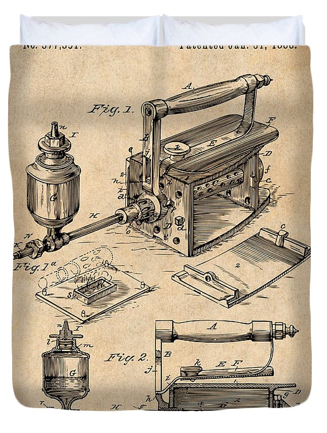 Art & Collectibles Duvet Cover featuring the drawing 1888 Antique Sad Iron Patent Print Antique Paper by Greg Edwards