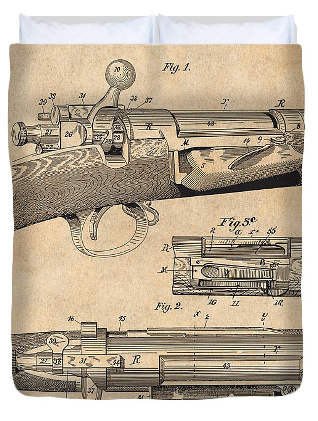 Springfield Duvet Cover featuring the drawing 1892 Springfield Model Krag Jorgensen Rifle Patent Print Antique Paper by Greg Edwards