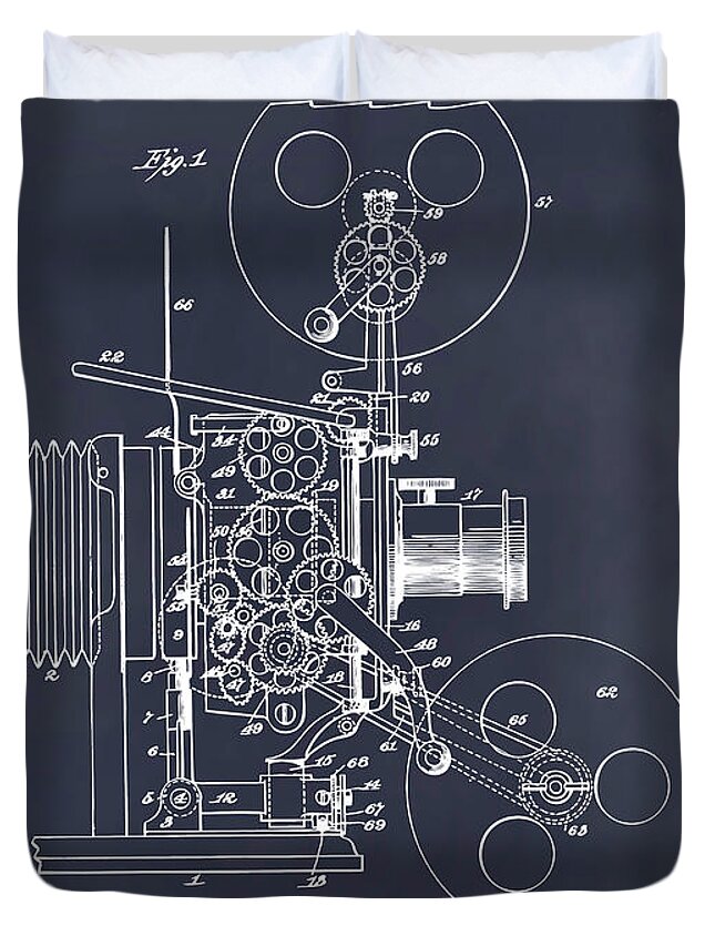 1902 Projecting Kinetoscope Patent Print Duvet Cover featuring the drawing 1902 Projecting Kinetoscope Blackboard Patent Print by Greg Edwards