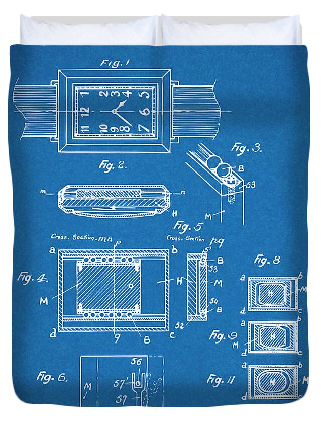 Art & Collectibles Duvet Cover featuring the drawing 1930 Leon Hatot Self Winding Watch Patent Print Bluebrint by Greg Edwards