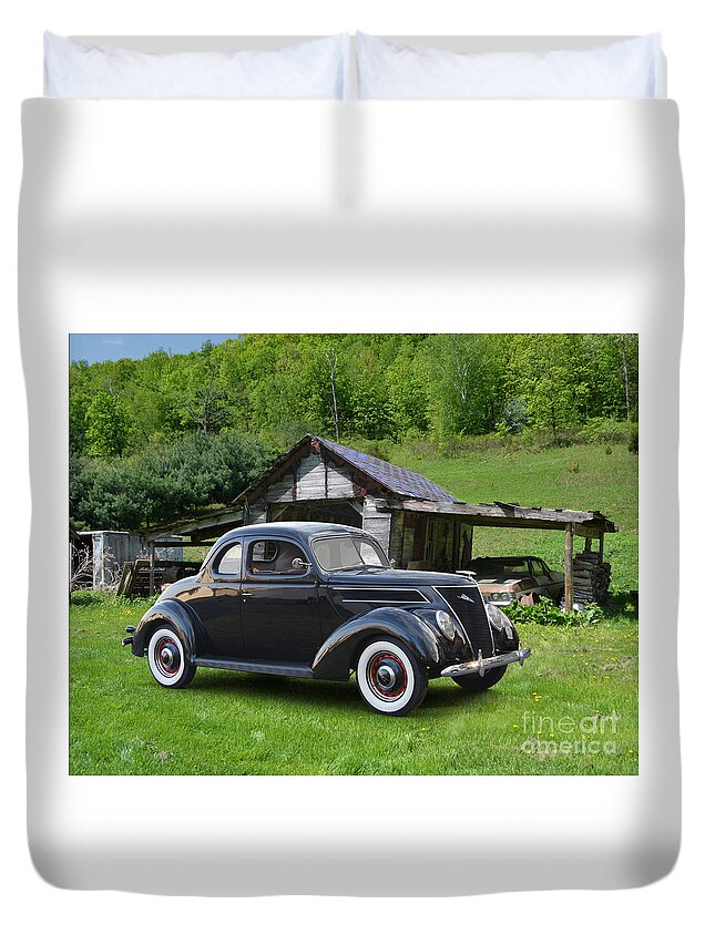 1937 Duvet Cover featuring the photograph 1937 Ford Coupe, Wisconsin Lean-To by Ron Long