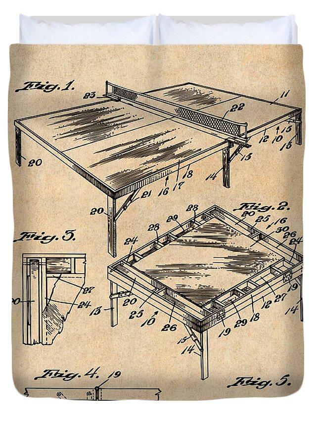 1949 Table Tennis Ping Pong Patent Print Duvet Cover featuring the drawing 1949 Table Tennis Ping Pong Antique Paper Patent Print by Greg Edwards