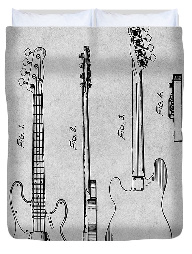 Fender Duvet Cover featuring the drawing 1952 Fender P1 Bass Guitar Patent Print Gray by Greg Edwards