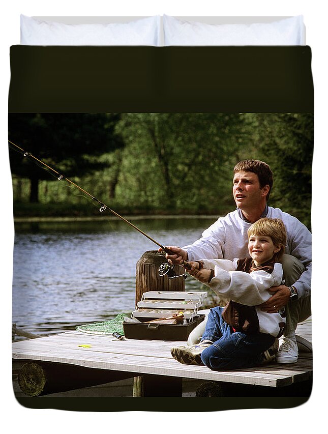 1990s Father And Son Fishing On Dock Duvet Cover