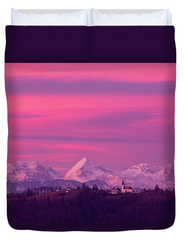 Church Duvet Cover featuring the photograph Church of Saint Nicholas at sunset #2 by Ian Middleton
