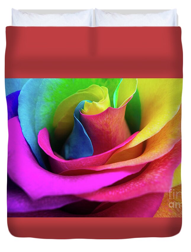 Beautiful Duvet Cover featuring the digital art Closeup of a rainbow colored rose in full bloom #2 by Amy Cicconi