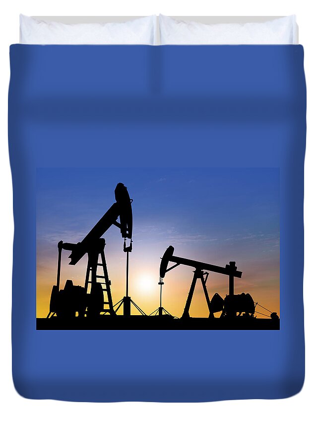 Shadow Duvet Cover featuring the photograph Dawn Over Petroleum Pumps In The Desert #2 by Grafissimo