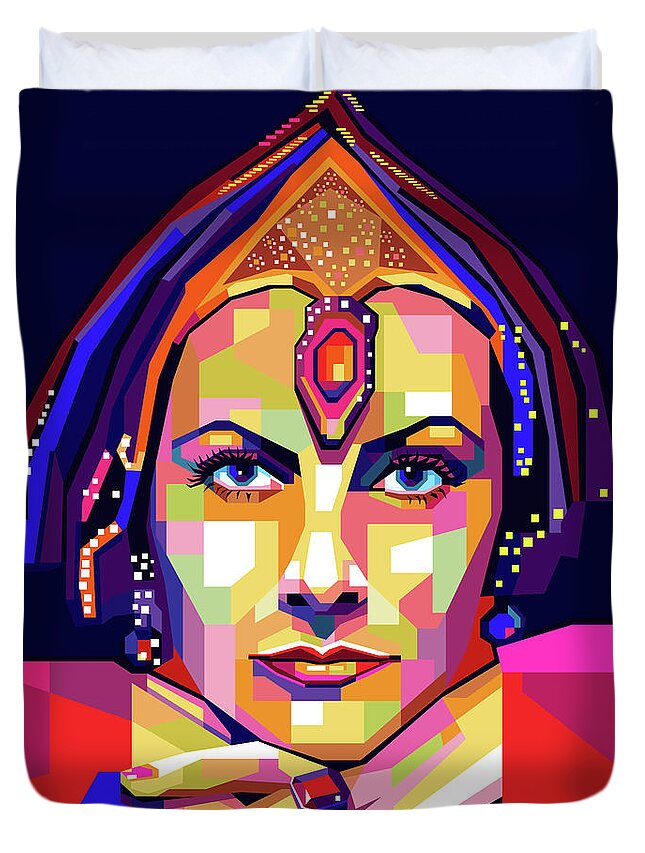 Greta Duvet Cover featuring the digital art Greta Garbo in 'Mata Hari' by Stars on Art