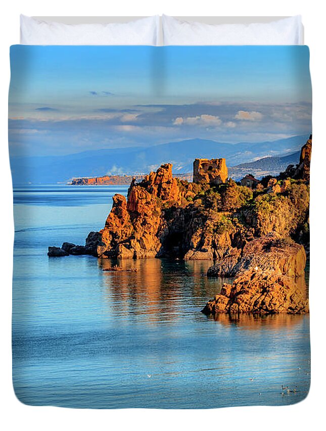 Estock Duvet Cover featuring the digital art Italy, Sicily, Palermo District, Mediterranean Sea, Tyrrhenian Sea, Cefalu, Torre Caldura #2 by Antonino Bartuccio