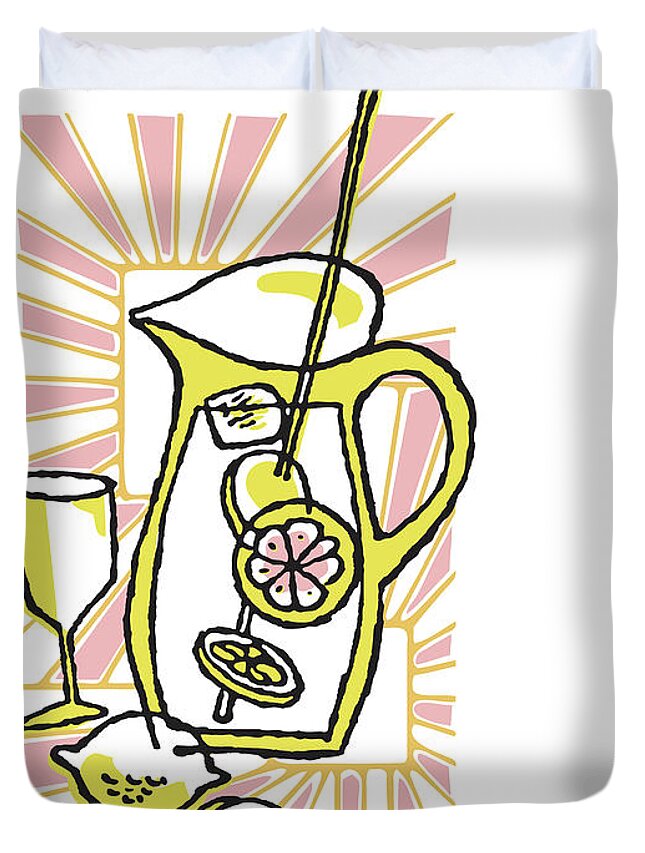 Beverage Duvet Cover featuring the drawing Lemonade in Pitcher Glass and Lemon Slice #2 by CSA Images