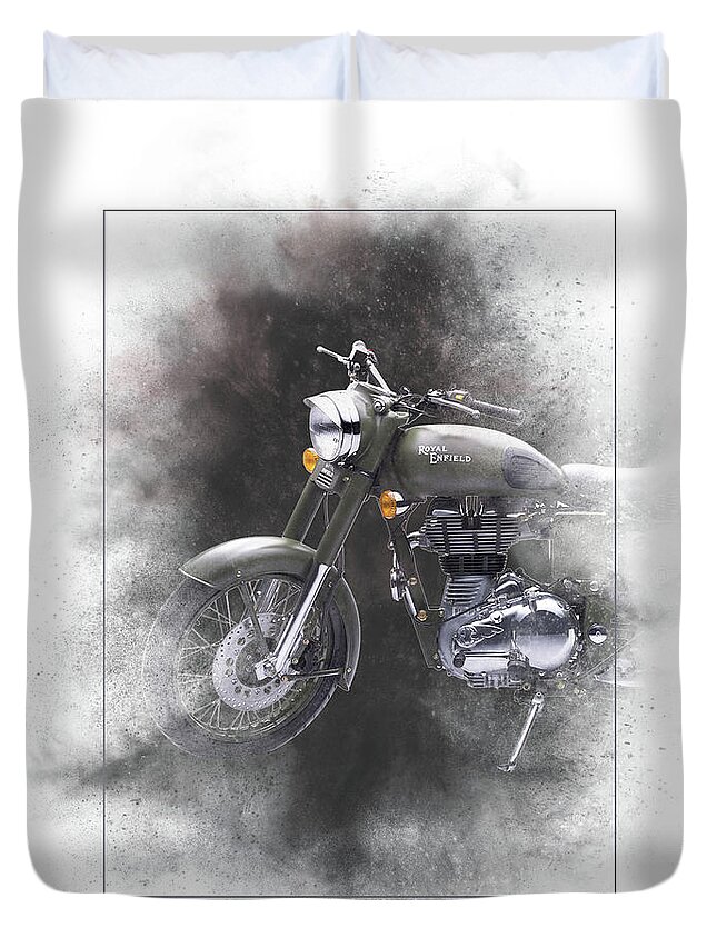 Royal Enfield Duvet Cover featuring the mixed media Royal Enfield Classic 500 Painting by Smart Aviation