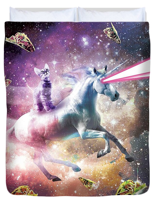 Space Cat Riding Unicorn Laser Tacos And Rainbow Duvet Cover