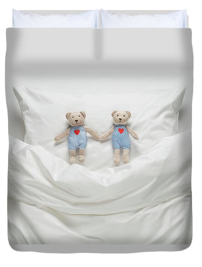 Two Objects Duvet Cover featuring the photograph Teddy Bear On Bed #2 by Westend61