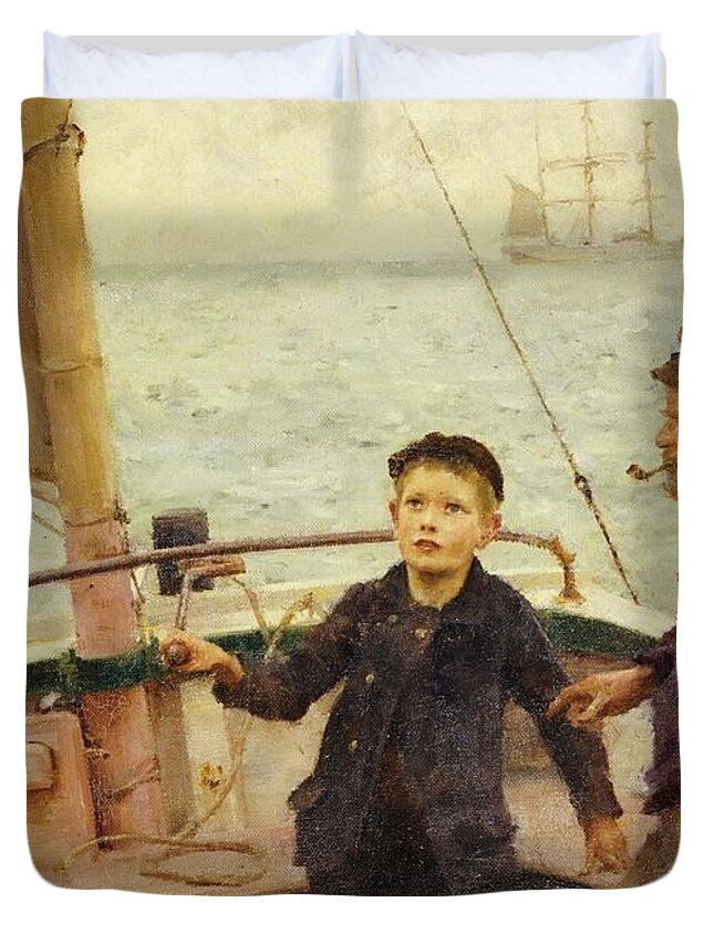 Steering Duvet Cover featuring the painting The Steering Lesson by Henry Scott Tuke