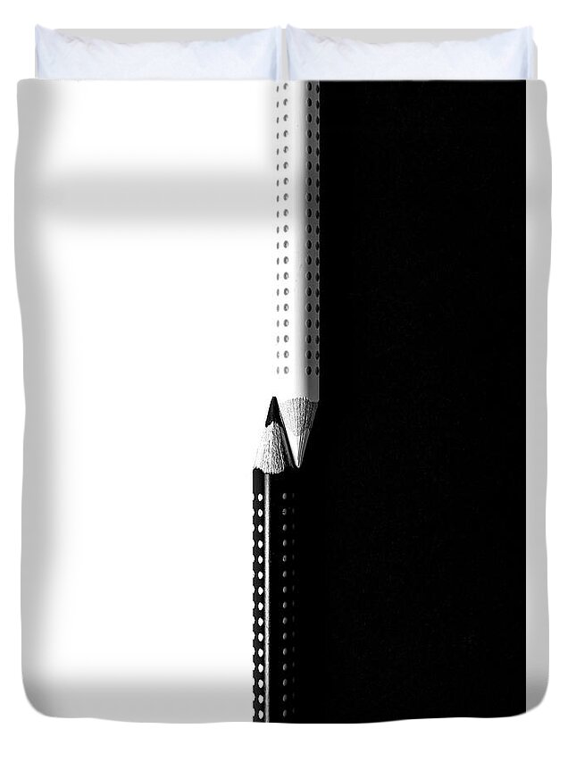 Pencil Duvet Cover featuring the photograph Two drawing pencils on a black and white surface. by Michalakis Ppalis