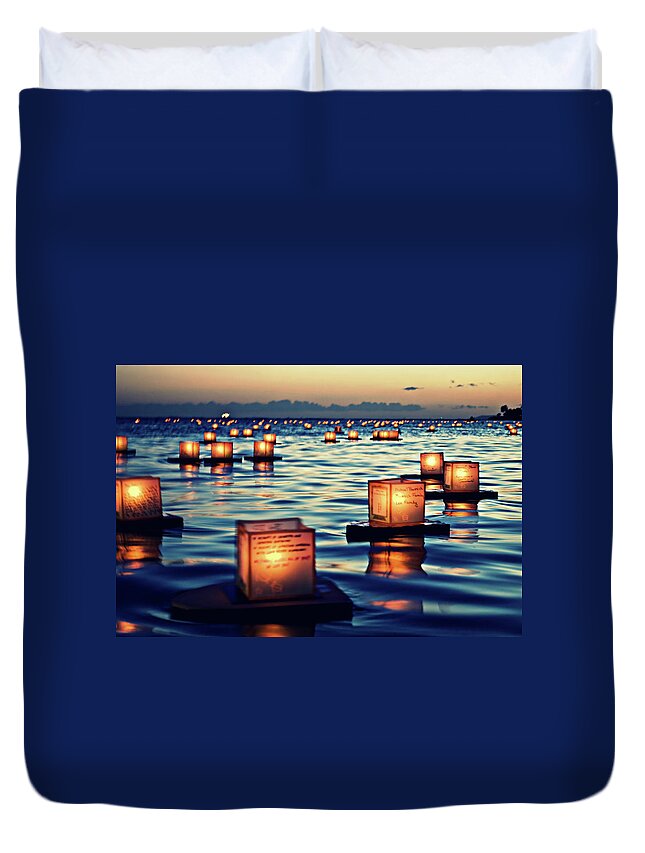 Tranquility Duvet Cover featuring the photograph 2011 Lantern Floating Ceremony Hawaii by Photos By Naomi Hayes Of Island Memories Photography