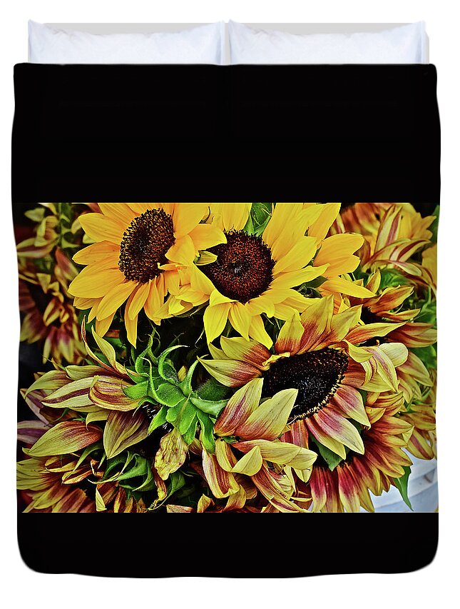 Flowers Duvet Cover featuring the photograph 2019 Monona Farmers' Market July Sunflowers 4 by Janis Senungetuk