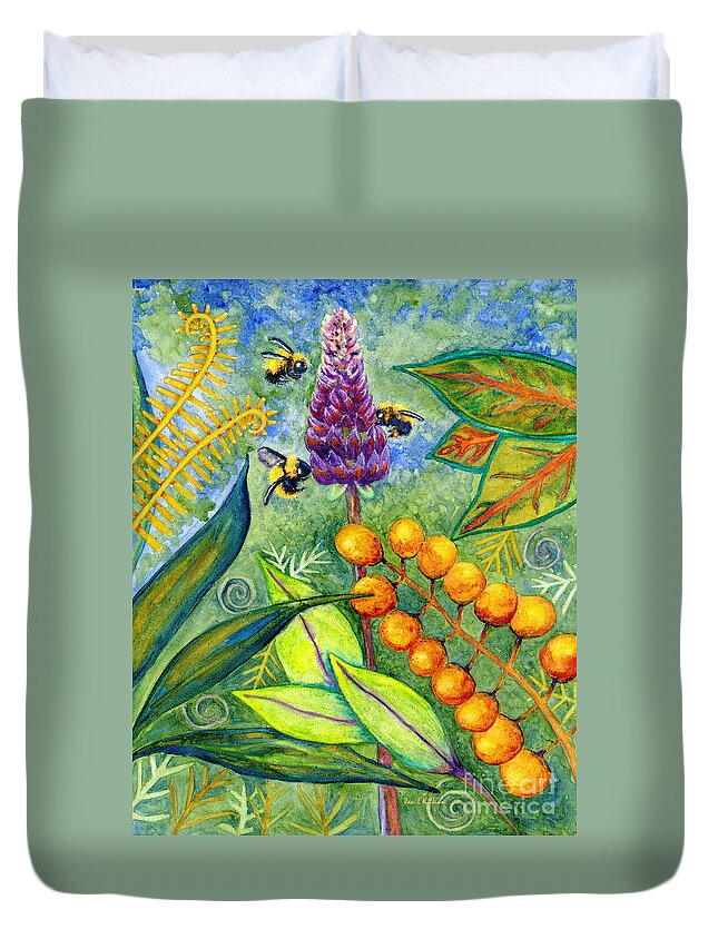 Bumble Bees Duvet Cover featuring the painting 3 Bee's by Jan Killian