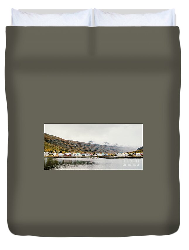 Aerial Duvet Cover featuring the photograph Fishing village on the east coast of Iceland #3 by Joaquin Corbalan