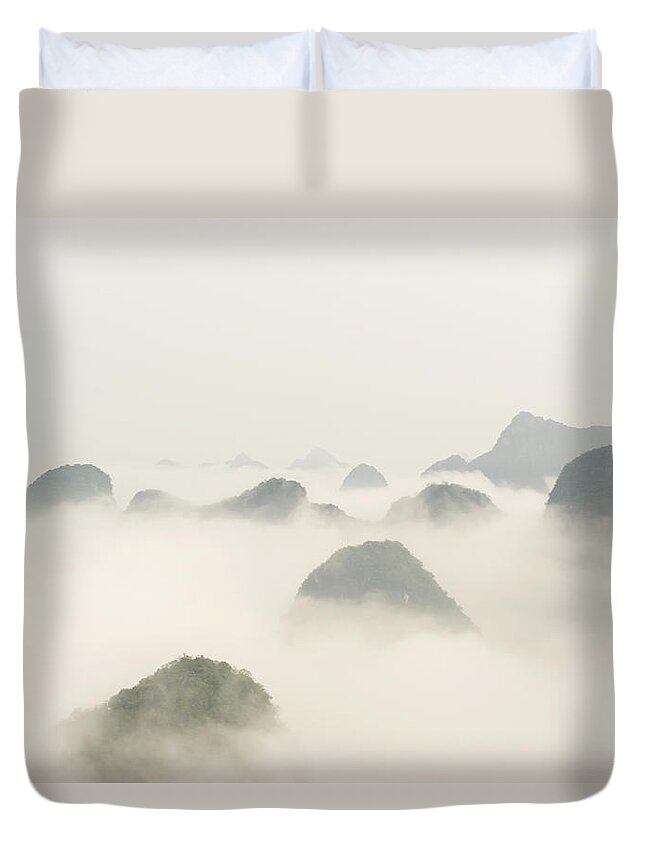 Scenics Duvet Cover featuring the photograph Hot Air Balloon Ride At Dawn Over Karst #3 by Alex Linghorn