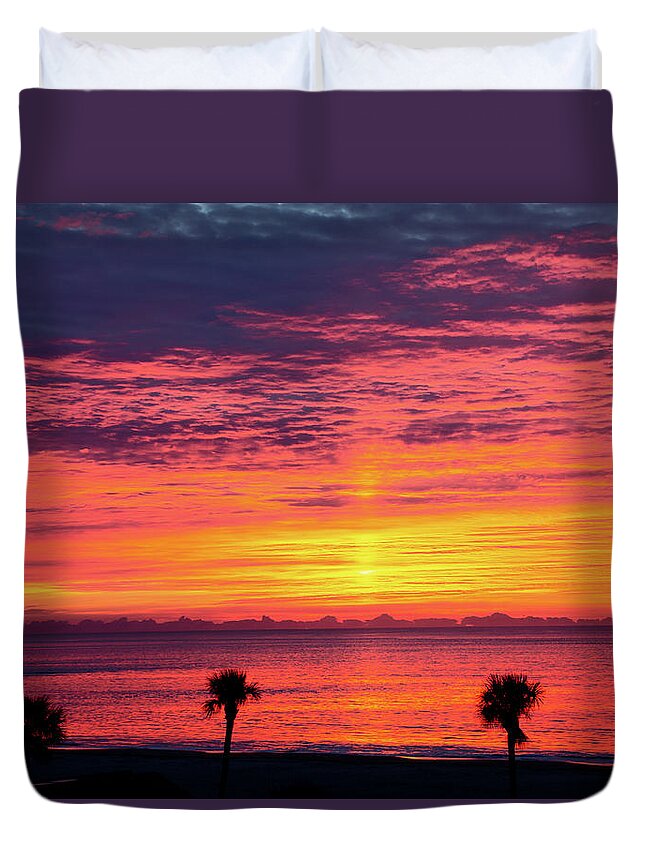 Background Duvet Cover featuring the photograph Ship Into Sunrise #3 by Darryl Brooks
