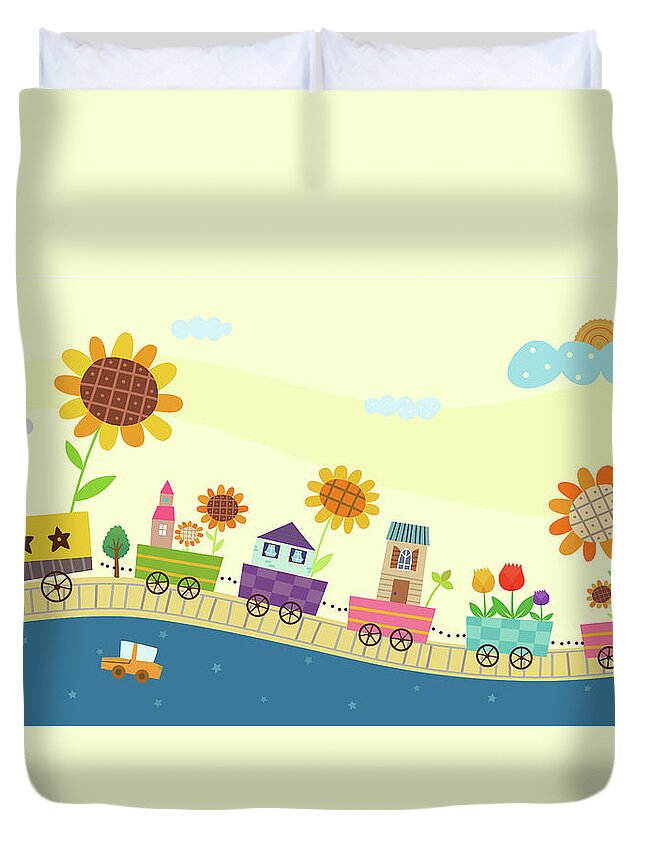 Rail Transportation Duvet Cover featuring the digital art View Of Town #3 by Eastnine Inc.