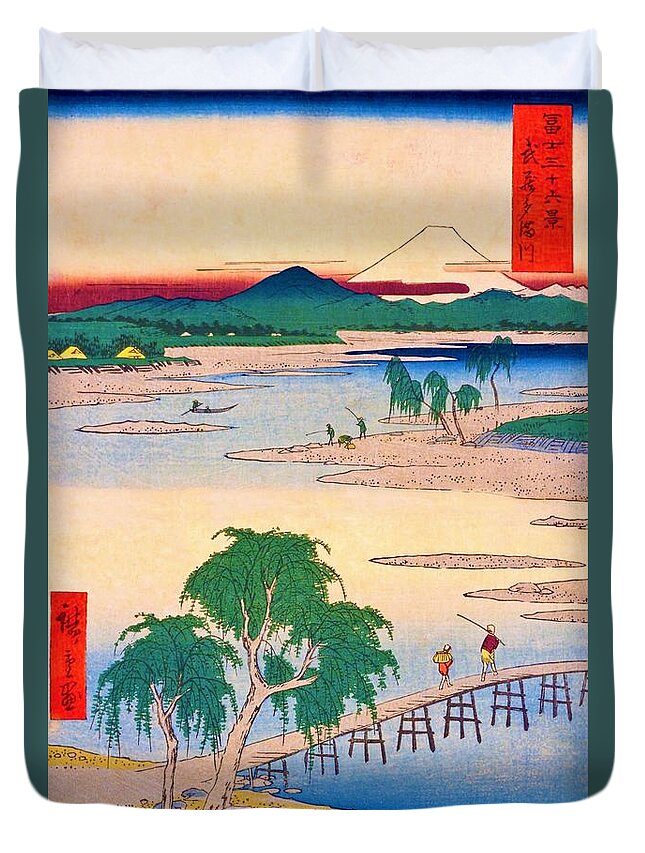 Utagawa Hiroshige Duvet Cover featuring the painting 36 Views of Mt.Fuji - Musashi Tamagawa by Utagawa Hiroshige