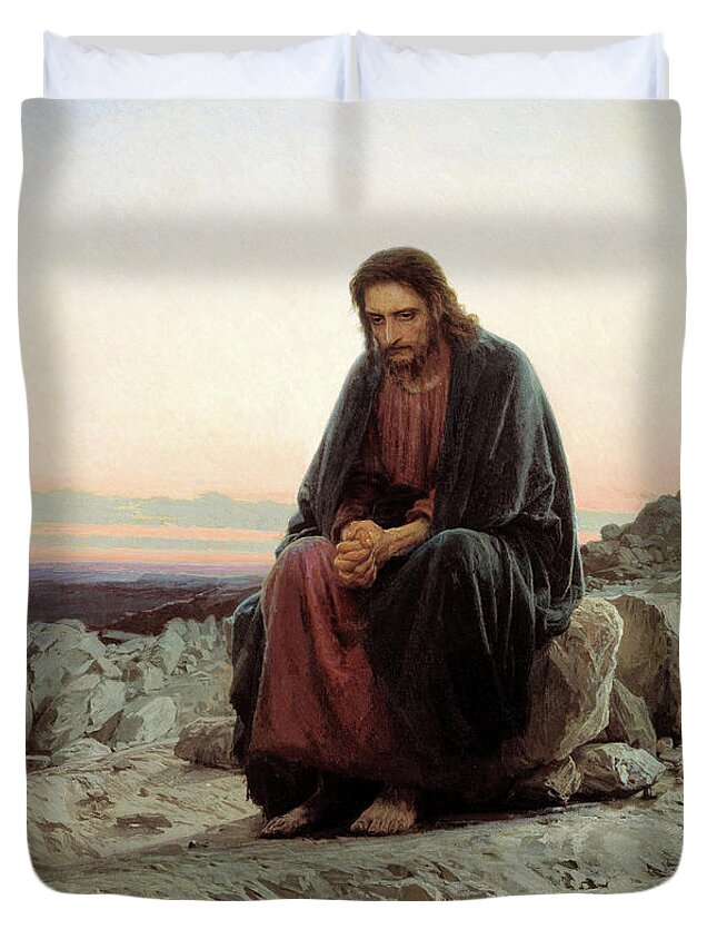 Russian Duvet Cover featuring the painting Christ in the Wilderness by Ivan Kramskoy