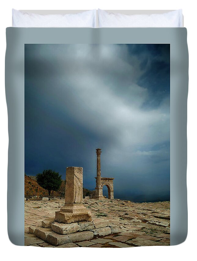 Roman Duvet Cover featuring the photograph Column and arches of ancient Roman agora #4 by Steve Estvanik