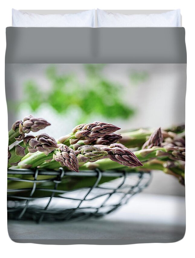 Asparagus Duvet Cover featuring the photograph Fresh Green Asparagus by Nailia Schwarz