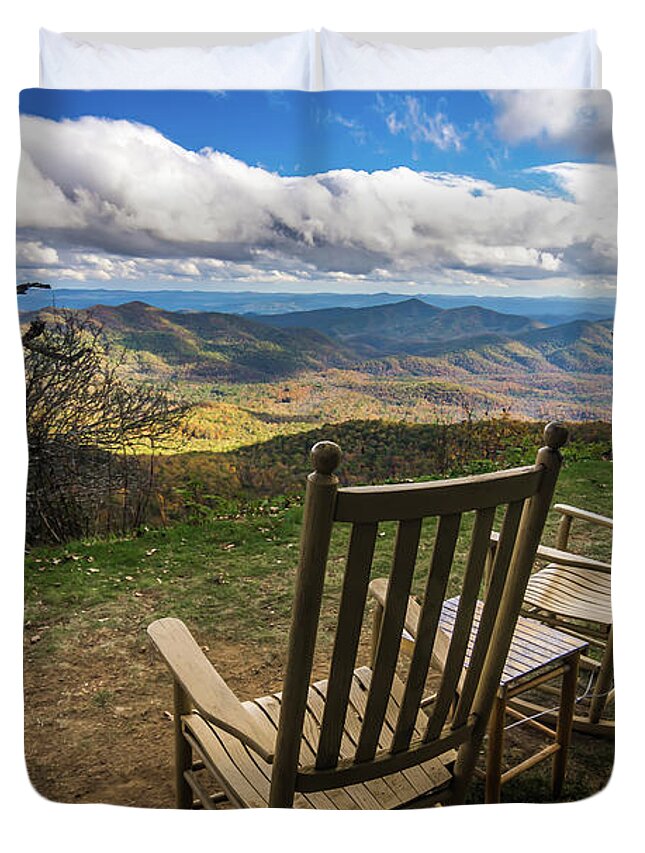 Blue Duvet Cover featuring the photograph Mountain Views At Sunset From Lawn Chair #4 by Alex Grichenko
