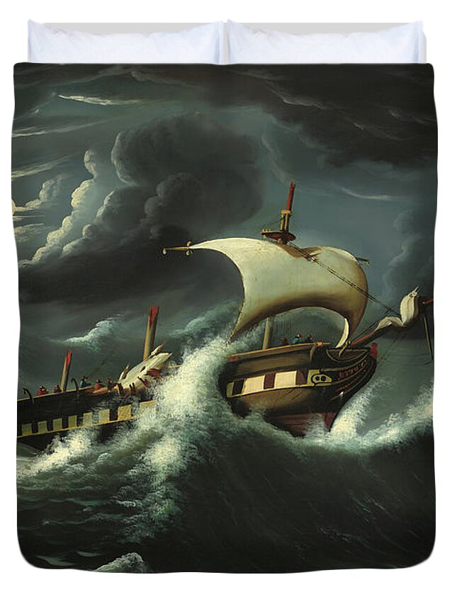 Painting Duvet Cover featuring the painting Storm Tossed Frigate #4 by Mountain Dreams