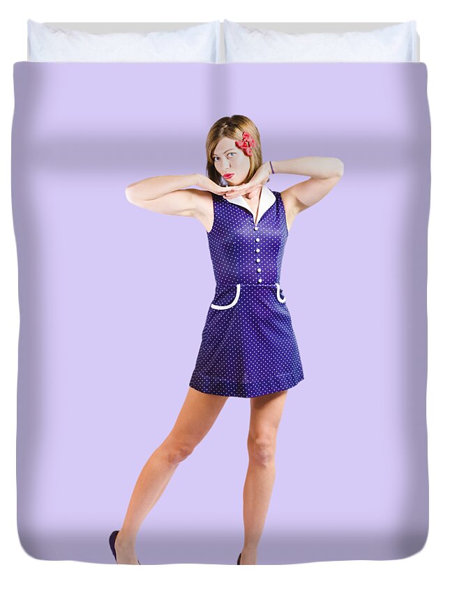 50s Pin Up Girl In Retro Purple Polka Dot Dress Duvet Cover For
