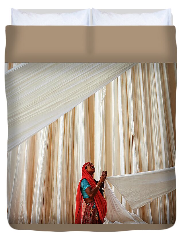 Hanging Duvet Cover featuring the photograph India, Rajasthan, Sari Factory #6 by Tuul & Bruno Morandi