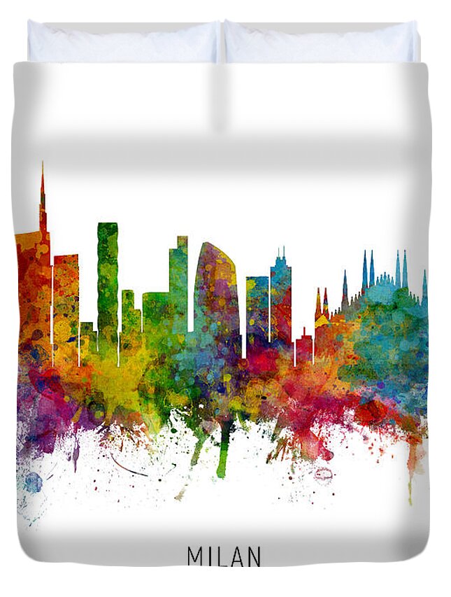 Milan Duvet Cover featuring the digital art Milan Italy Skyline by Michael Tompsett