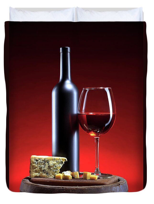 Cheese Duvet Cover featuring the photograph Red Wine Composition by Valentinrussanov