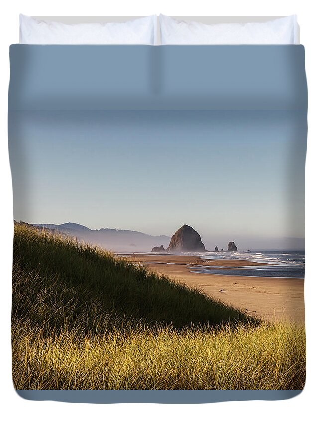Scenics Duvet Cover featuring the photograph Haystack Rock Seen From Dunes #7 by Sawaya Photography